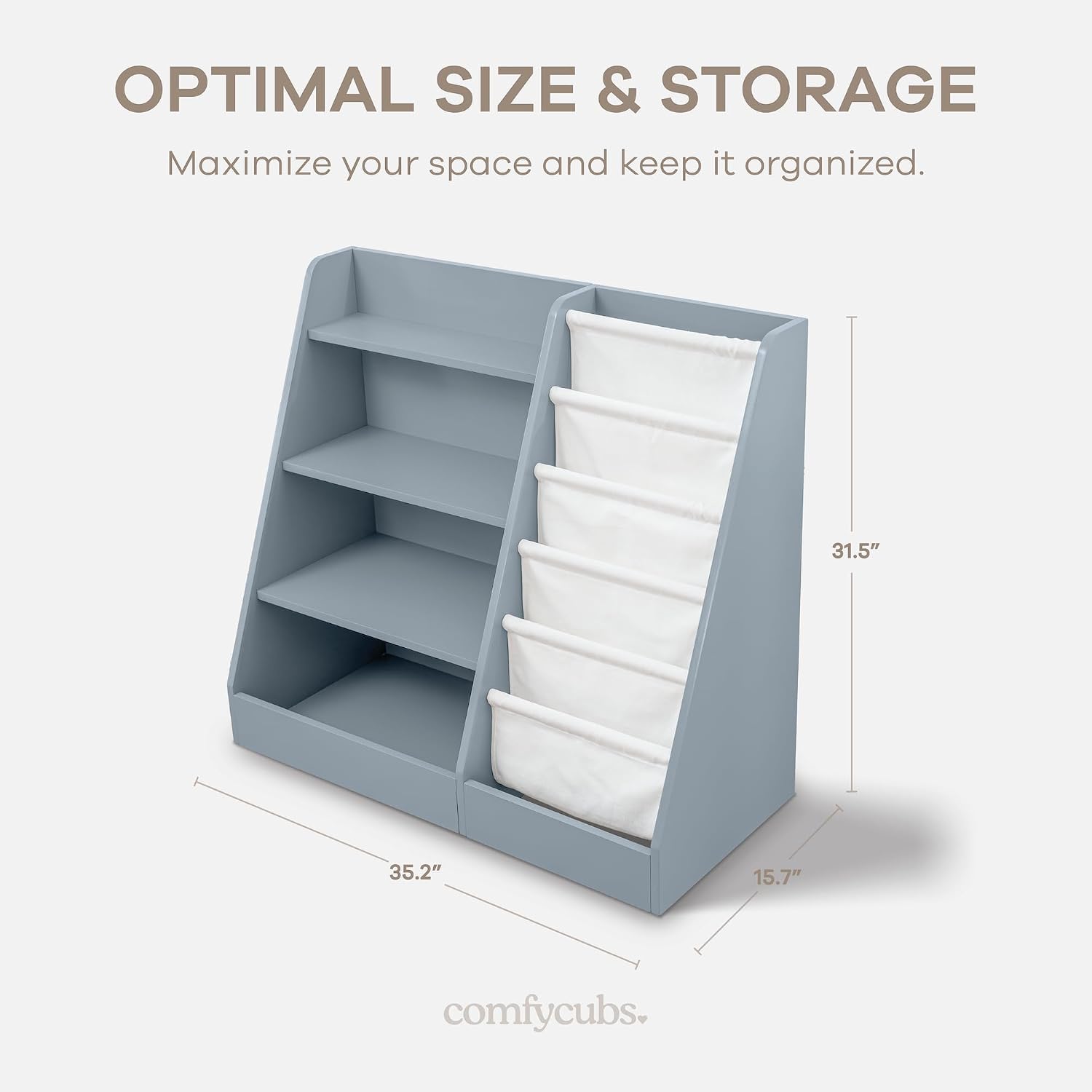 Comfy Cubs Kids Bookshelf 35.2 x 15.7 x 31.5 Inches - Sturdy MDF Montessori Book Shelf with Soft & Hard Shelves for Toys & Books - Child-Friendly, Easy Access Storage Organizer for Kids - Blue image 2