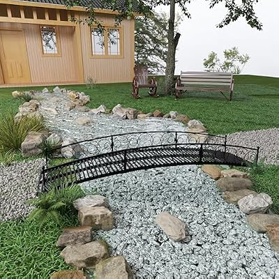 AIIT 10 FT Metal Garden Bridge - Garden Bridges for Outdoors Courtyard Iron Bridge with Circular Safety Guardrails Pond Bridge for Pond, Yard, Creek, Stream, Black