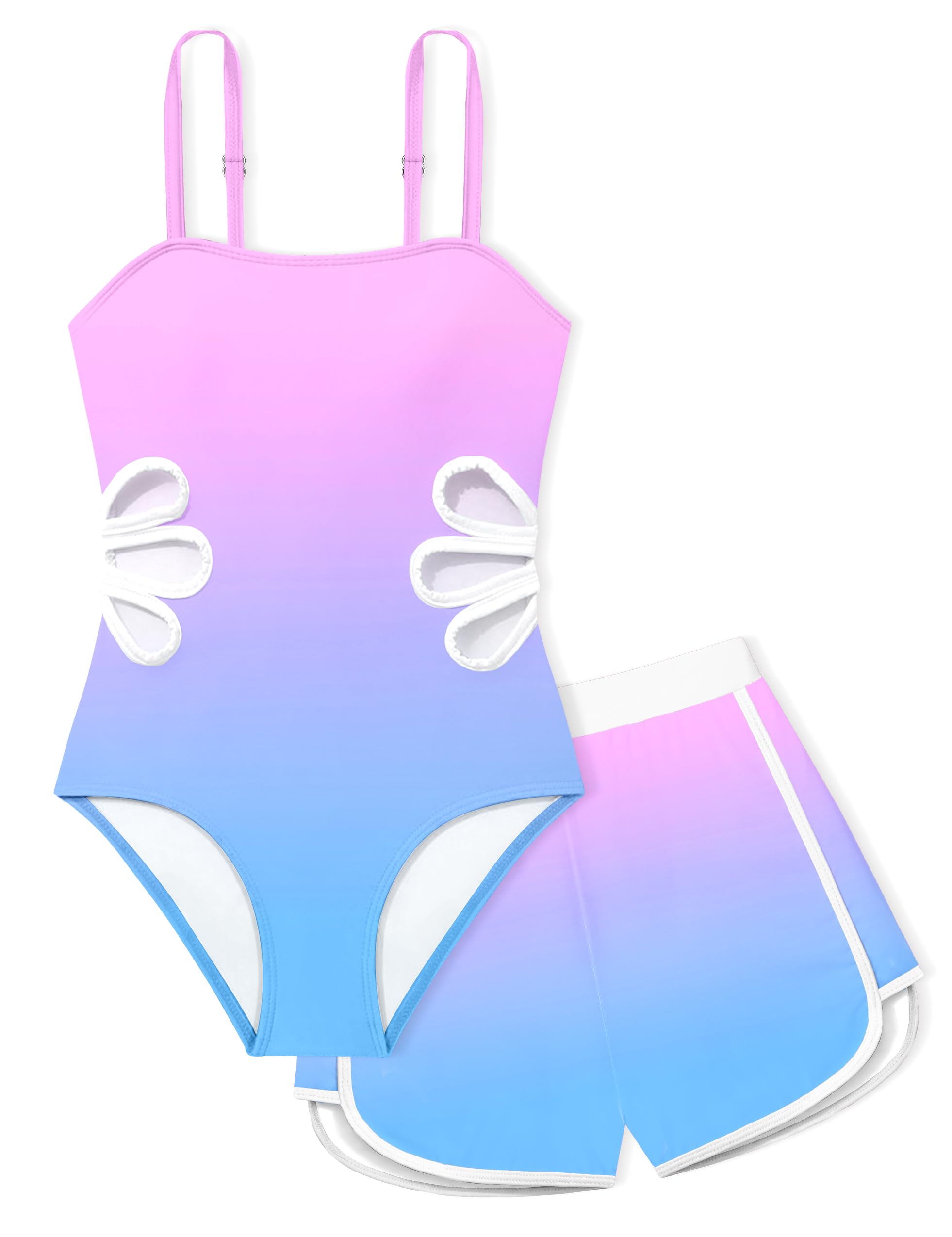 Girls Swimsuit Adjustable Straps Cut Out One Piece Bathing Suit with Solid Color Cover Up Skirt Girls' Swimwear 5-16Y