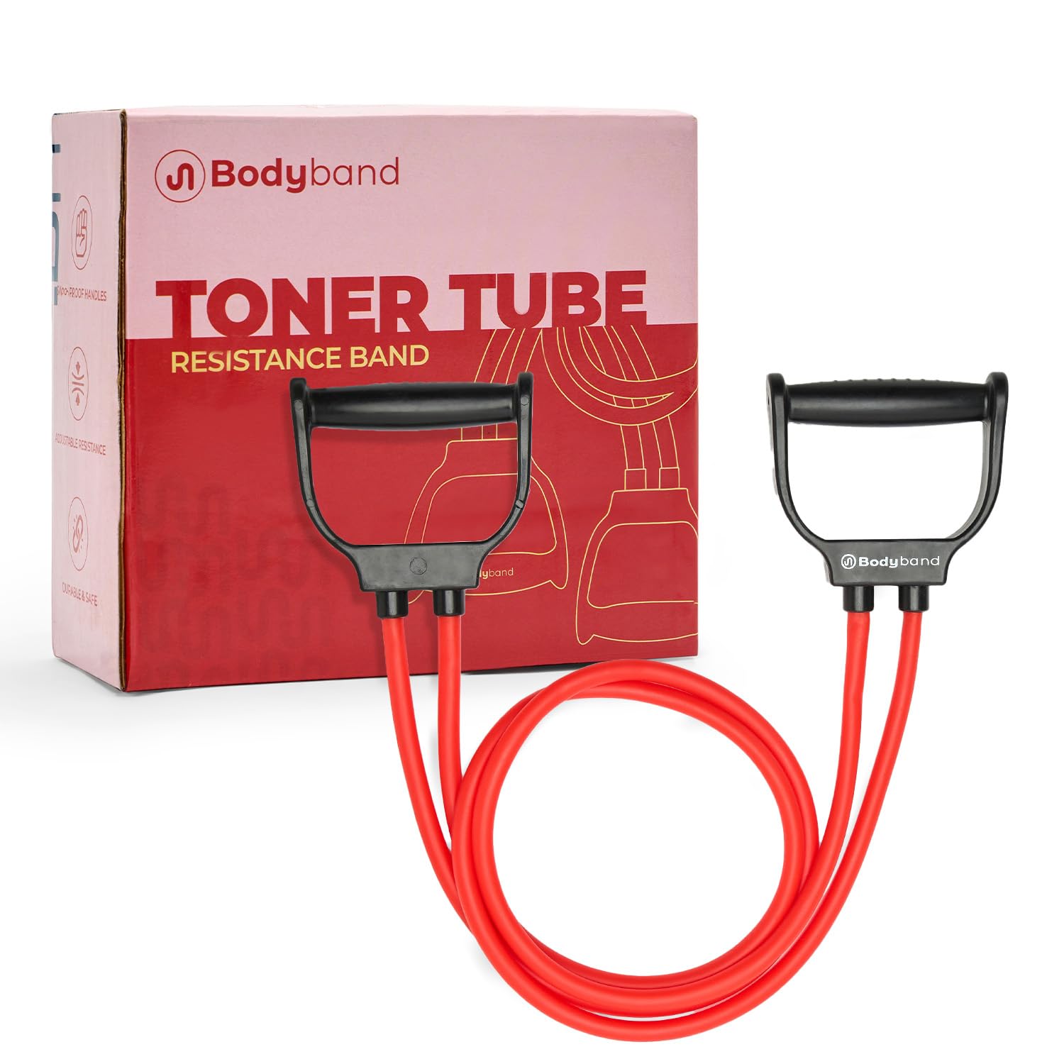 Bodyband Resistance Tube for Workout Exercise Band Tube with Handle for Home Gym Use Resistance Bands for Pull Ups, Stretching Resistance Band Toning Tube for Warm Up, Exercise 25Kg Resistance - Red
