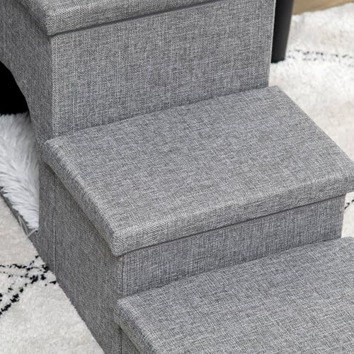 PawHut Hundetreppe 3 Stufen 40,5 cm Hoch Haustiertreppe mit Höhle Kissen Stauraum Katzentreppe für Kleine Hunde Hunderampe mit Waschbar Bezug Einstiegshilfe für Bett, Sofa, Couch und Auto Hellgrau