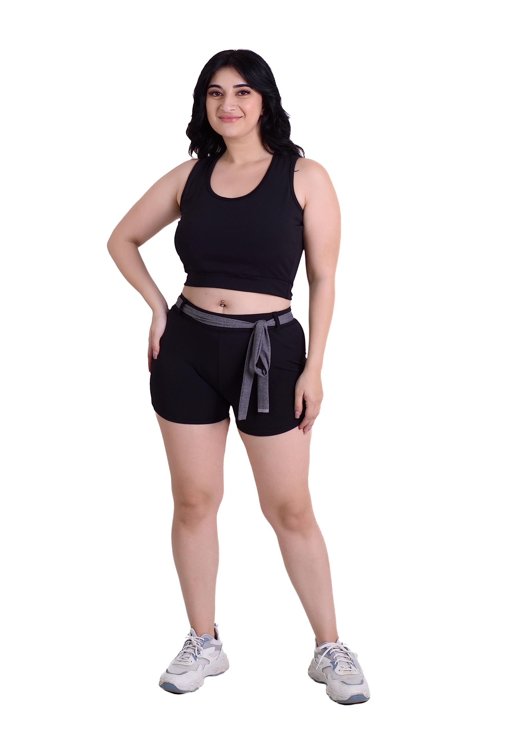 keepfit Solid Swimsuit with Crop Top and Full Coverage Shorts with Contrast Belt |Swimming Suit for Women-picture-19