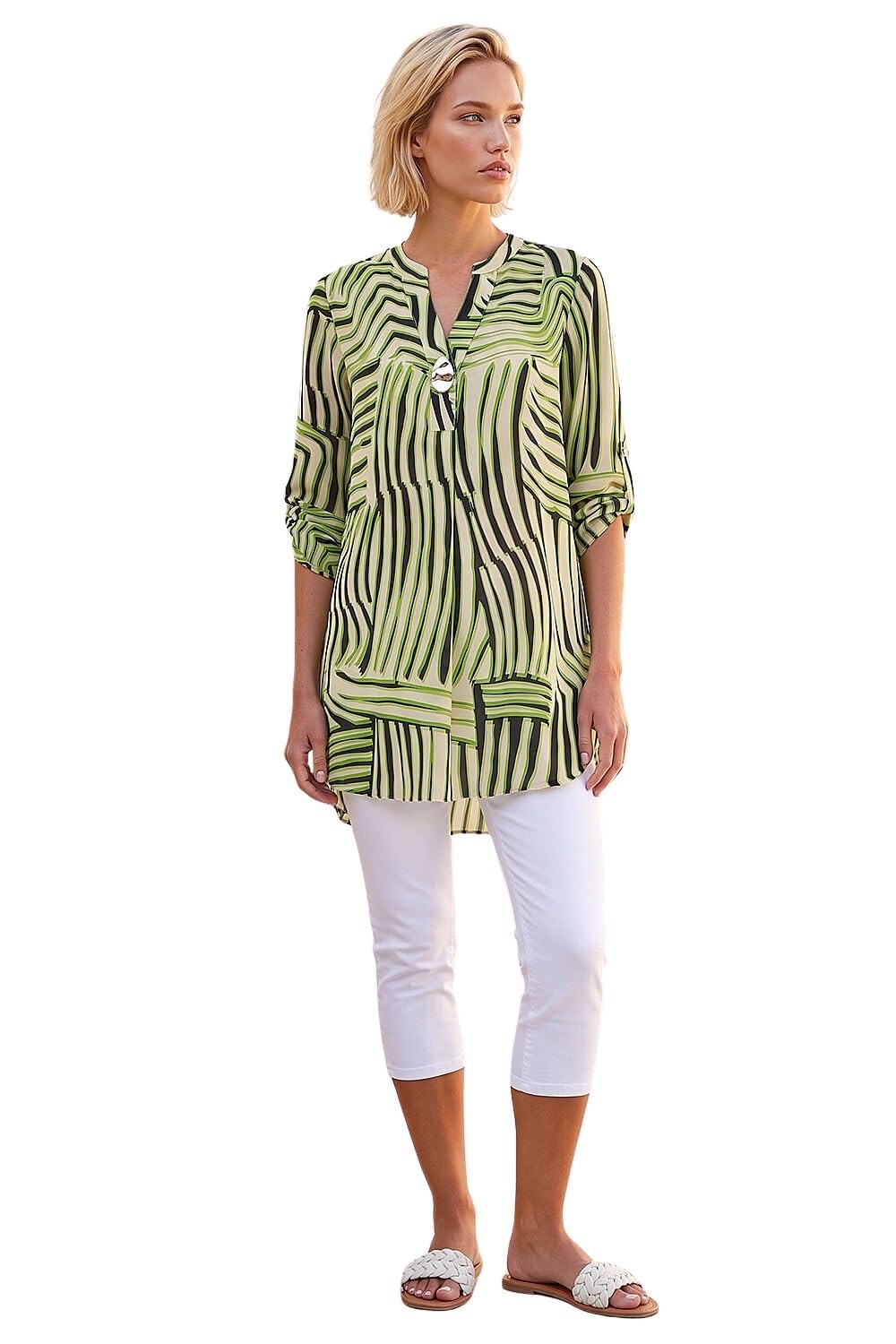 Roman Originals Shirt for Women UK Ladies Longline Top Collarless Blouse Smart Tunic Casual Evening Relaxed Fit 3/4 Length Sleeve Notch V Neck Long - Abstract Green - Size 10
