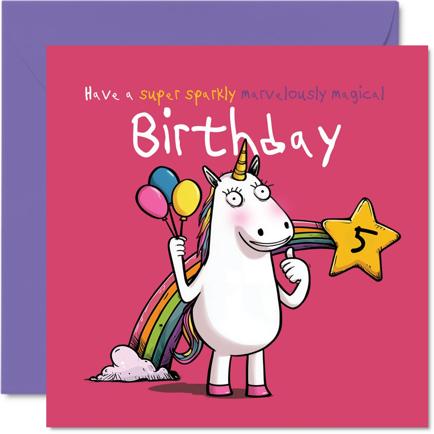 Cute 5th Birthday Card - Whimsical Unicorn and Rainbow Bash - Bursting with Balloons, Sparkles and Magical Birthday Fun - 145mm Square, Envelope Included