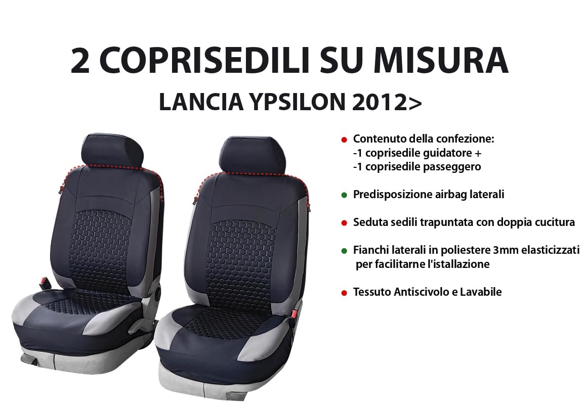 Set Coprisedili Auto Anteriori 2 Pezzi per LANCIA YPSILON dal 2012 al 2025 - Fianchi elasticizzati, Tessuto Antiscivolo Trapuntato in Poliestere, Lavabile, Alta Qualità - OFFICINE MILANO