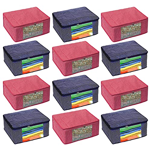 Image of Saree Organizer Bag|with Transparent Window Set|Cotton Saree Cover Closet Orgnizer /Saree Bags for Wardrobe Orgnizer Clothe Covers | Bag Clothe|Suit Bag (Pack of 12, Pink + Blue)
