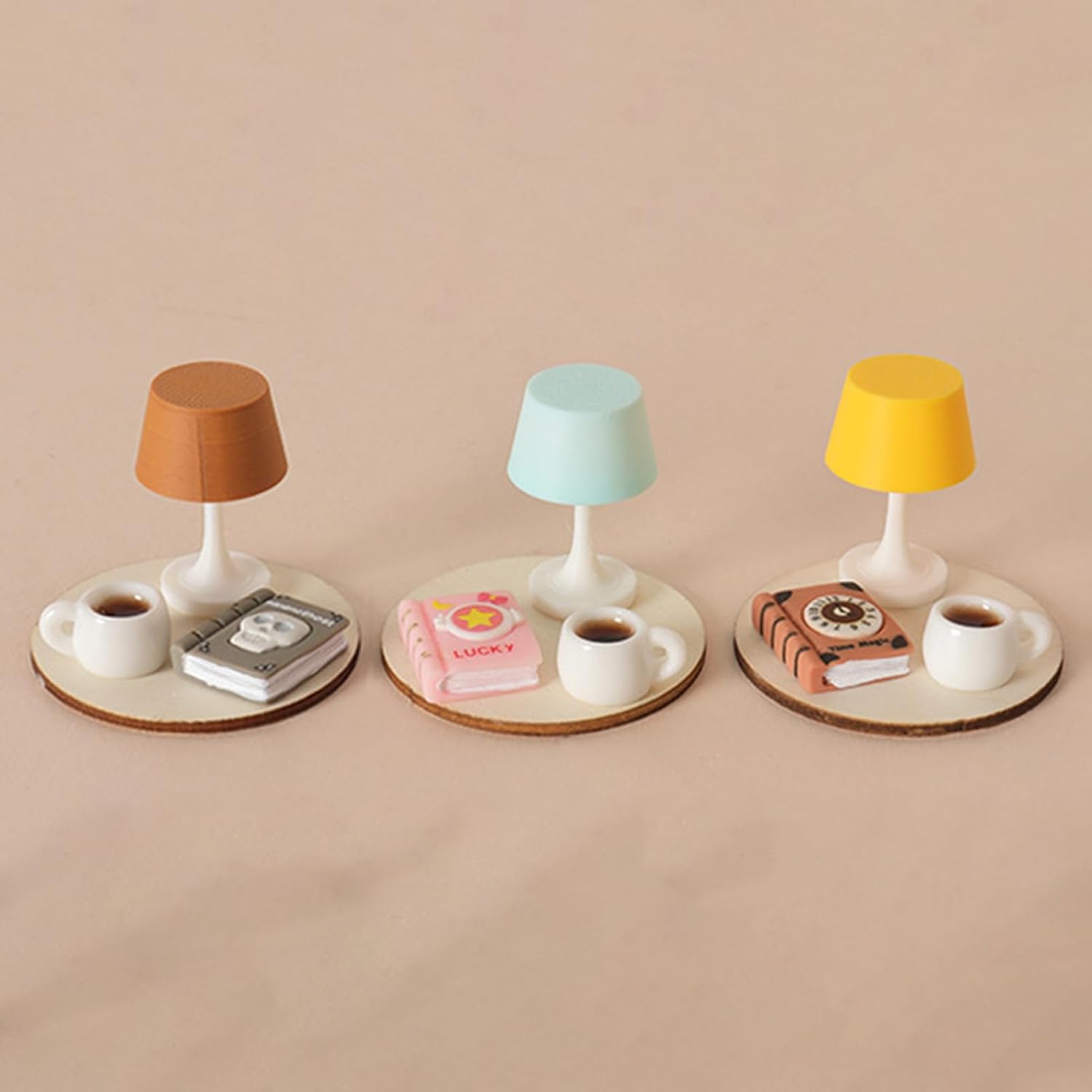 3Pcs Mini Table Lamp Tray Sets, Miniature Dollhouse Accessories with Lamps, Cups and Books, Dollhouse Accessories for Study Room, Living Room, Bedroom and Desk Decor