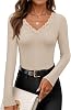 ZESICA Womens Long Sleeve Lace V Neck Fall Shirts Slim Fit Going Out Tops Ribbed Knit Dressy Business Casual Blouses