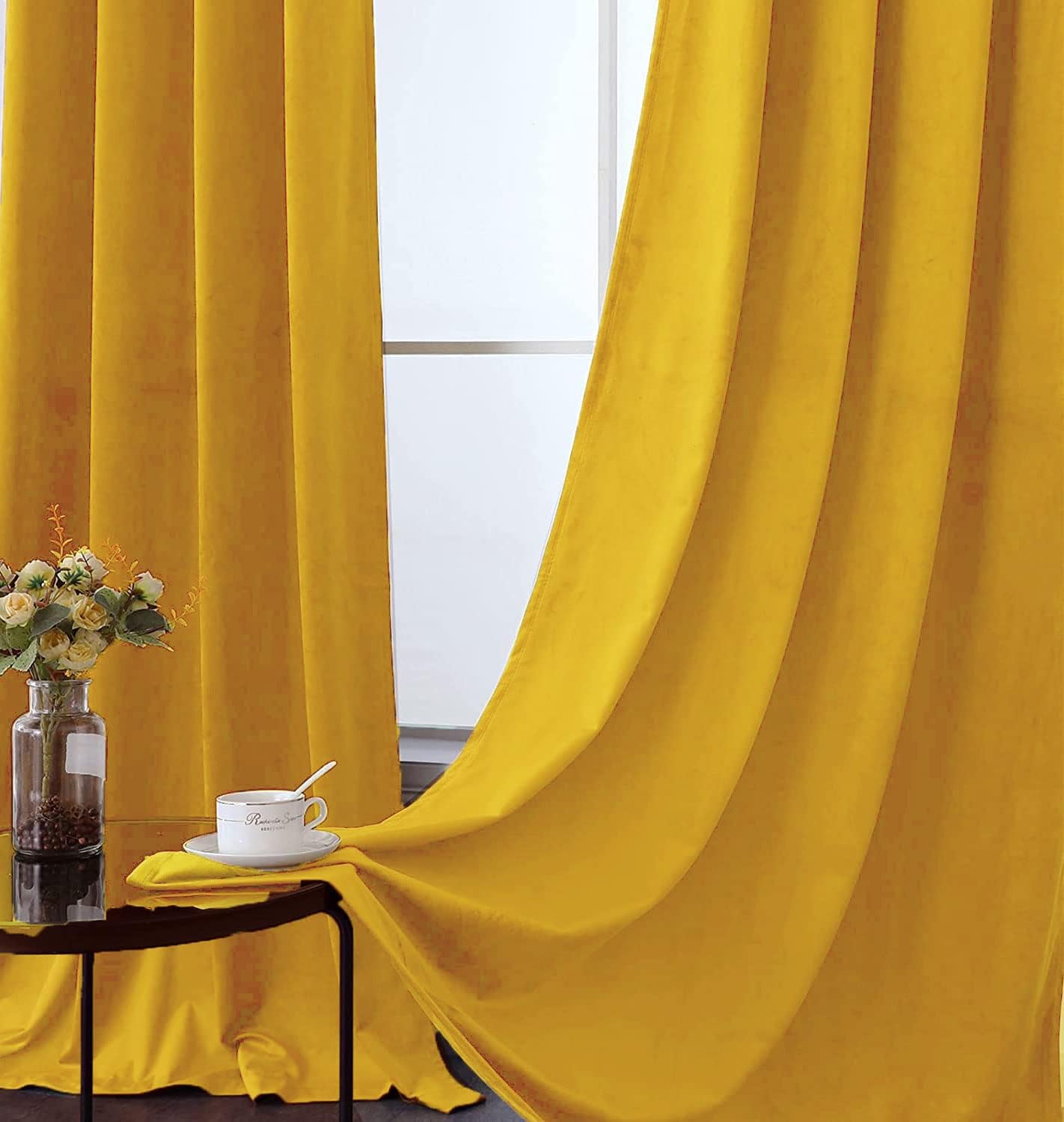 Plain Velvet Blackout Window Curtains for Living Room Bedroom Hallway (5 Feet Long, Yellow, Set of 1)-picture-27