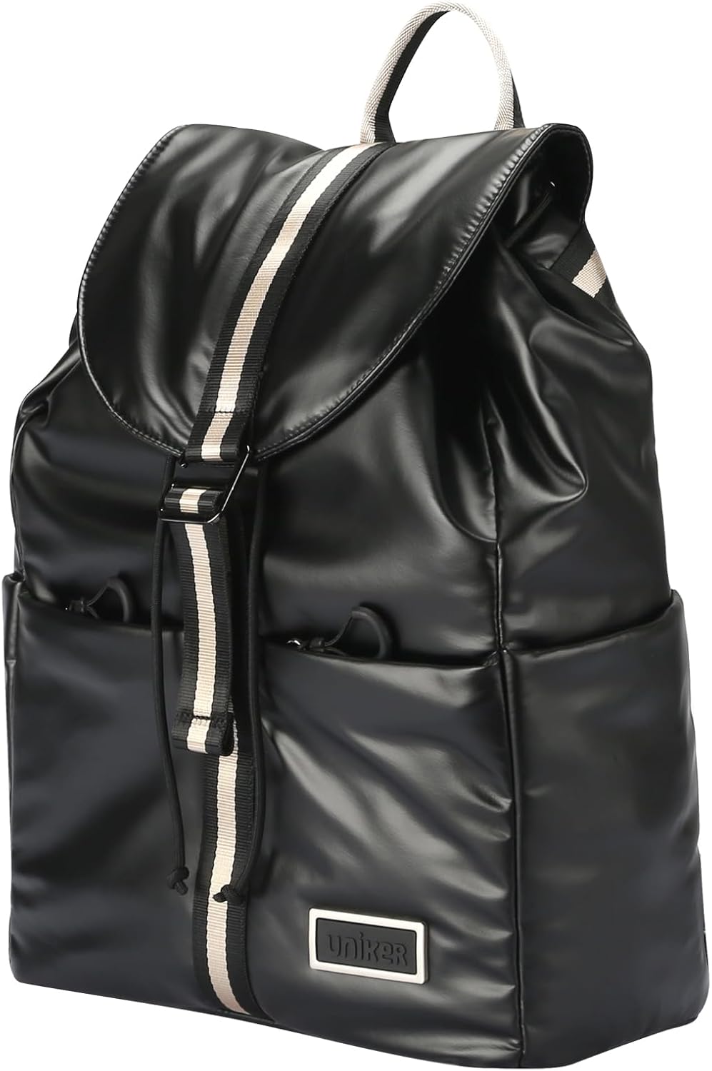 UNIKER Women's Metallic Shiny Backpack - Black Trendy Waterproof Drawstring Puffer Bag, Y2K Fashion Backpack with Laptop Sleeve for Travel, Daily