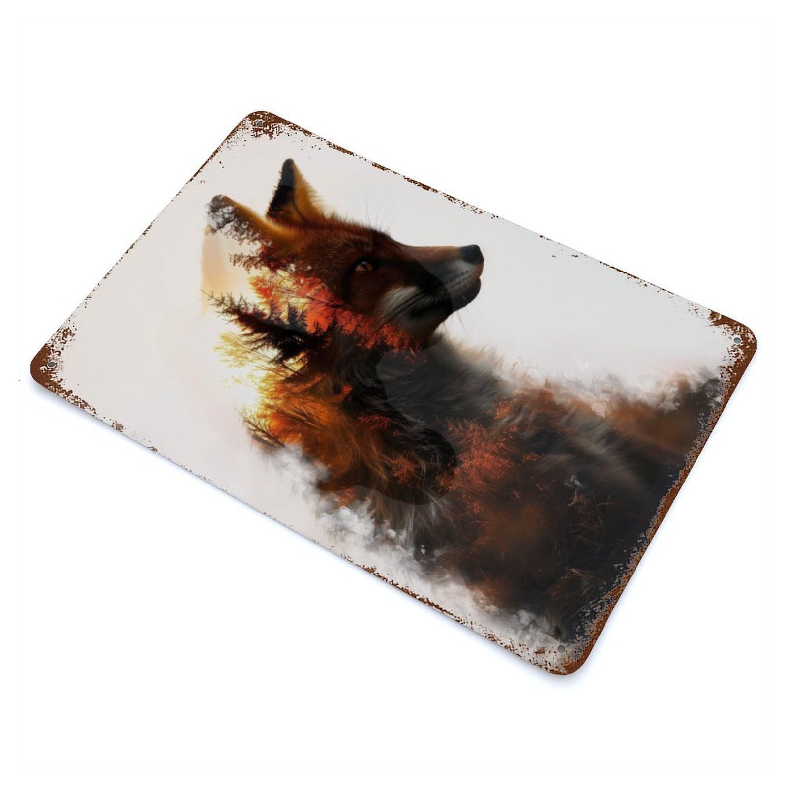 Red Fox Double Exposure Rusty Metal Tin Sign 11.8"x7.9", for Pub, Kitchen And Man Cave Decor, Farmhouse Wall Decor
