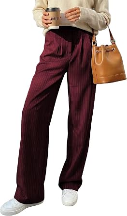 Pinstripe Dress Pants Women High Waisted Casual Womens Wide Leg Pants with Pockets Pleated Business Work Trousers