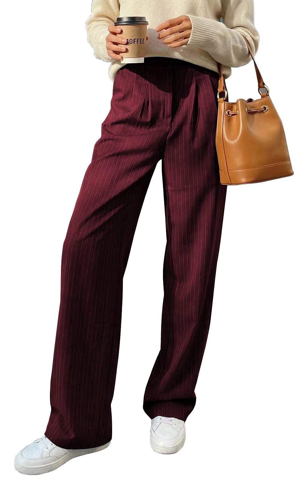 Pinstripe Dress Pants Women High Waisted Casual Womens Wide Leg Pants with Pockets Pleated Business Work Trousers