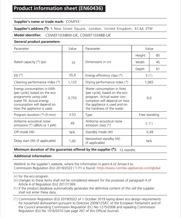 Product Information Sheet (EN60436) for COMFEE' CDWEF1034BW-UK Dishwasher.