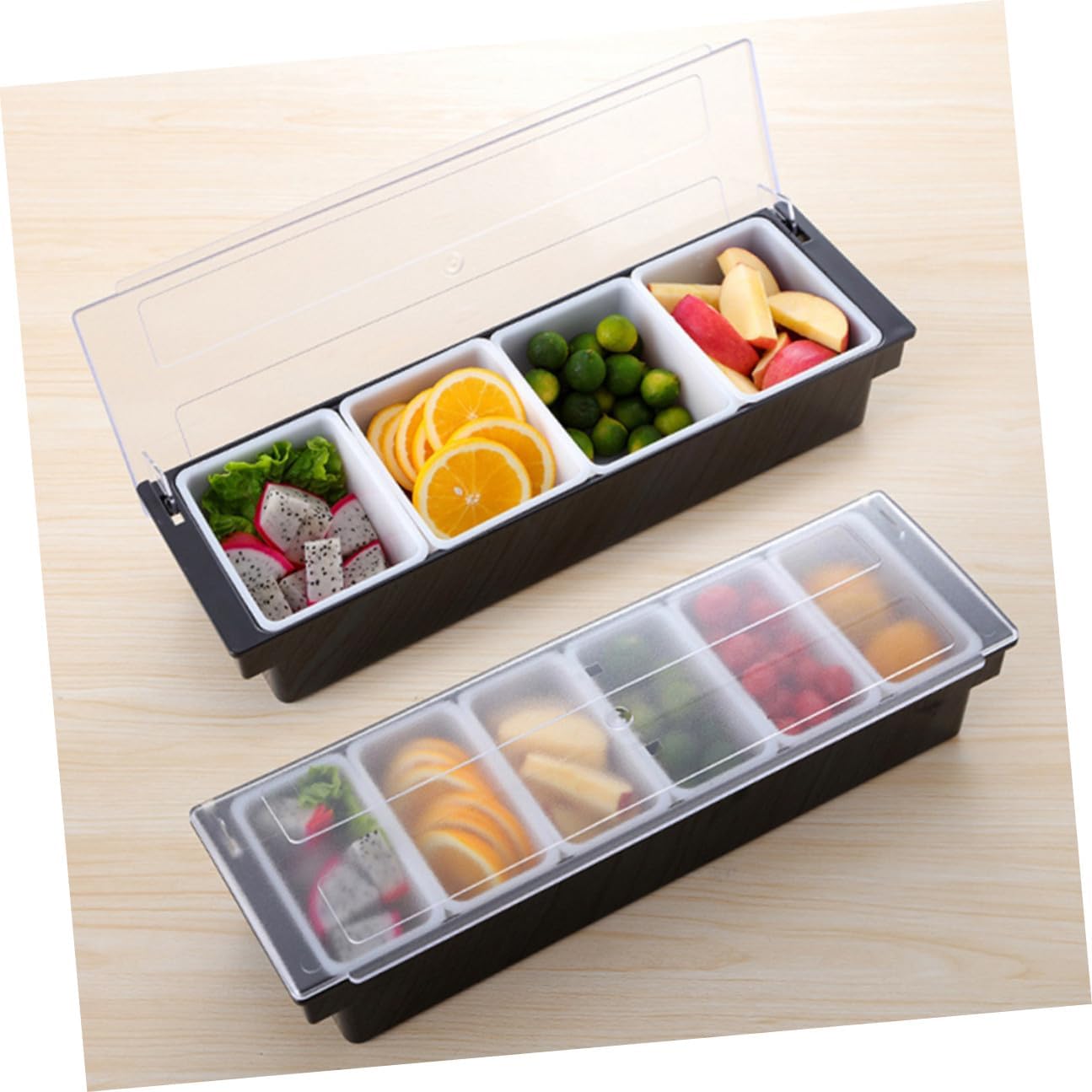 POPETPOP Divided Plastic Fruit Compartment Storage Box with Four Sections Freshness Keeping Container for Kitchen and Bar Food Organization