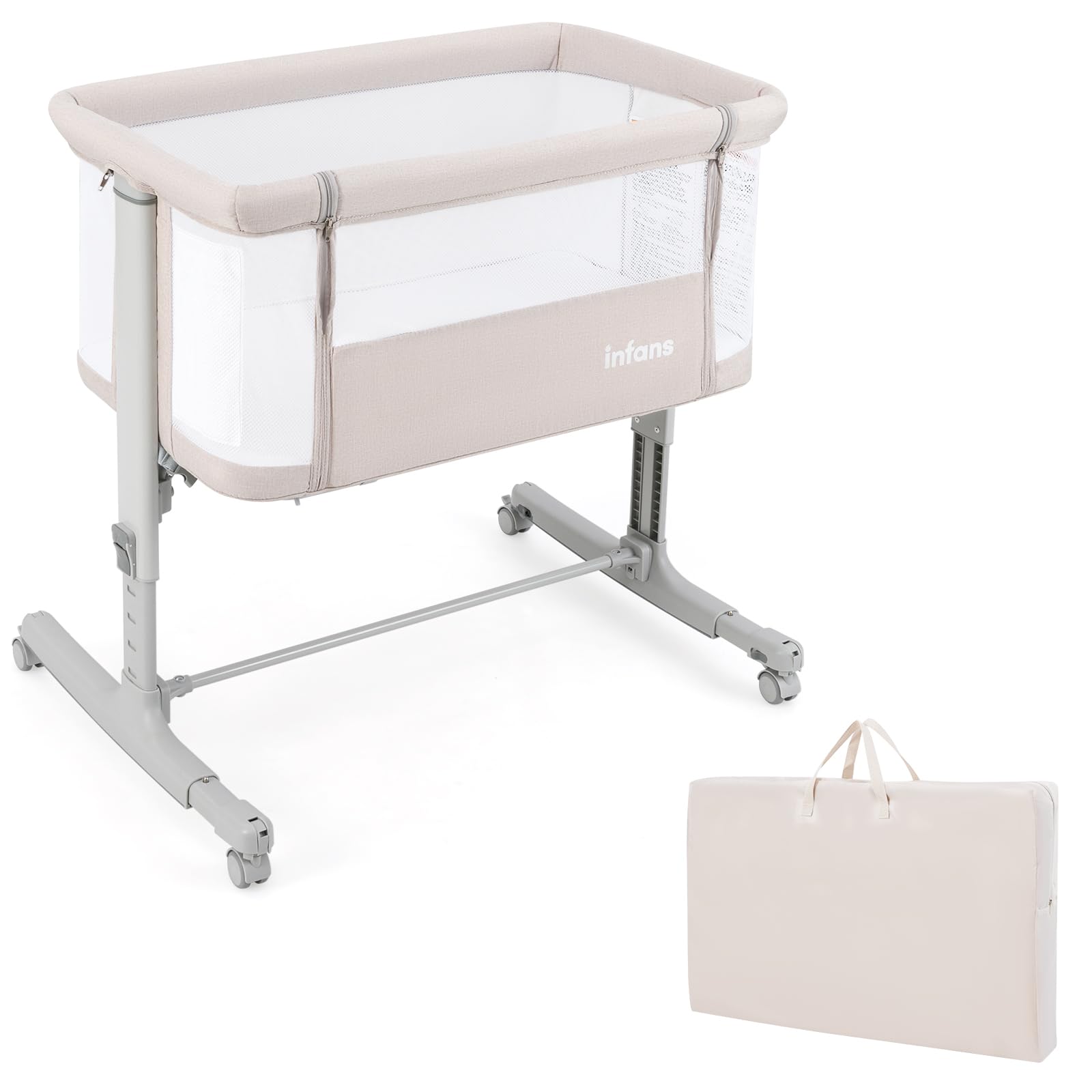 RELAX4LIFE 3 en 1 Cuna Colecho con Altura Ajustable en 5 Posiciones, 4 Ruedas Bloqueable y Ajustable, Cuna Bebe con Colchón Acolchado y Correa de Sujeción para Niños 0-6 Meses, Carga 9kg (Beige)