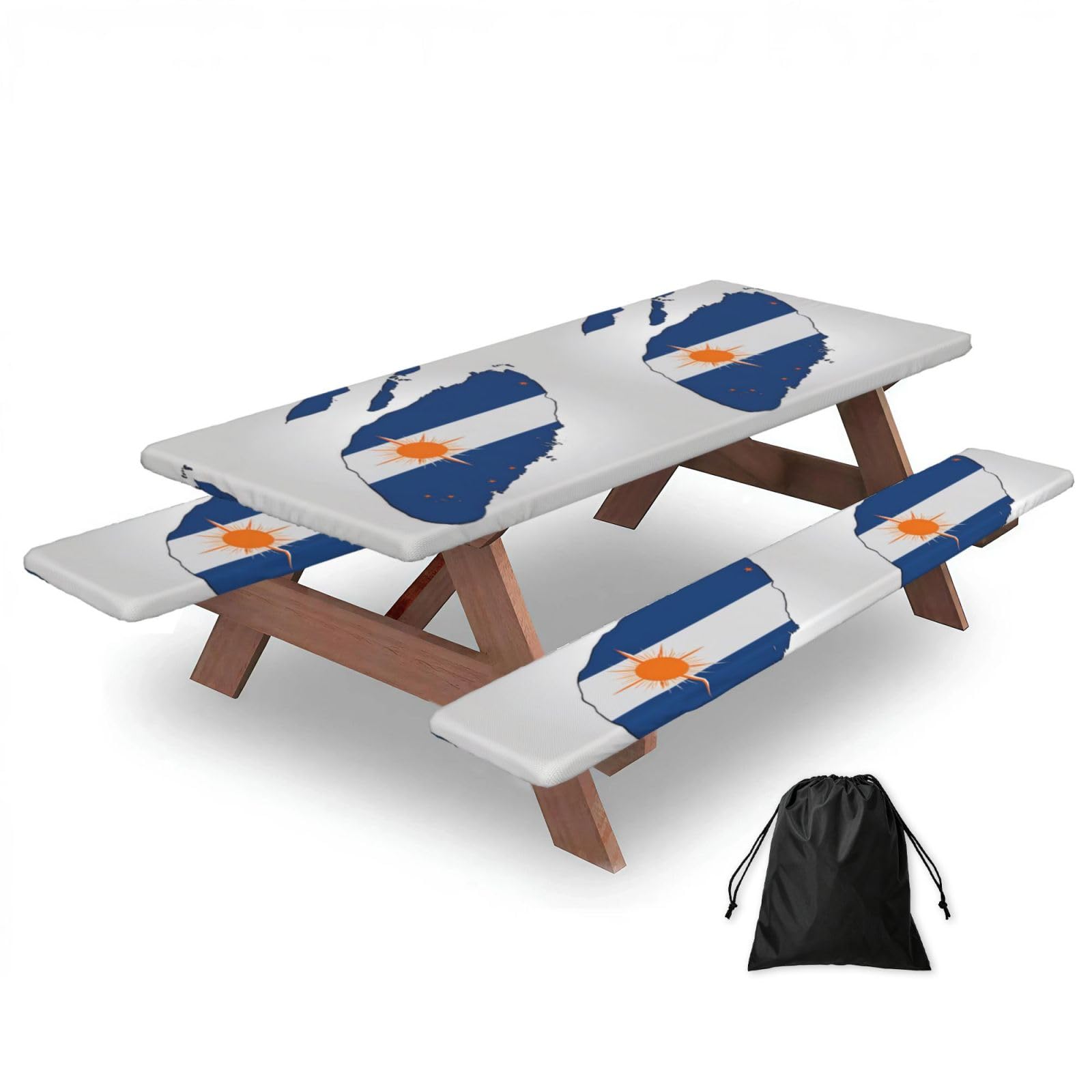 Duwaa Black Marshall Islands Flag Map04 Print 183Cm Picnic Table Cover With Bench Covers, Waterproof Elastic Tablecloth Set For Outdoor