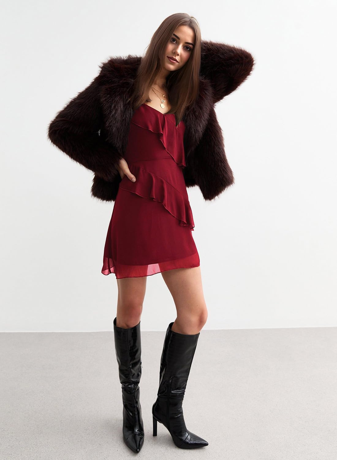 liher Womens Fall Dress Mesh V Neck Sheer Long Sleeve Ruffle Trim Cocktail Party Club Mini Dresses - Image 3