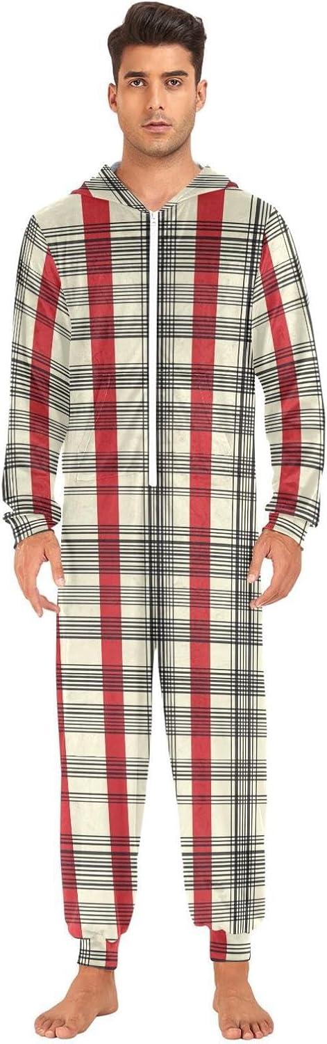 ZZKKO Christmas Red Stripe Adult Onesie Pajamas for Women Men Cozy One Piece Pajamas Costume Zip-Up Hooded S-XL