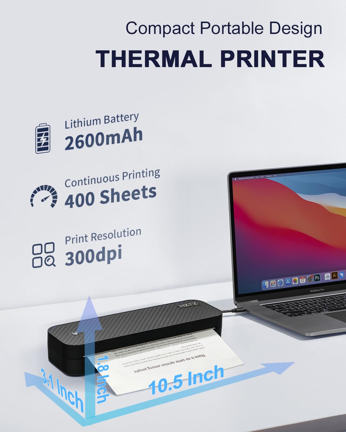 Impresora Portátil Inalámbrica, Impresora Térmica de Viaje, Impresión sin Tinta Bluetooth & USB Soporte de Impresora US Carta/A4/A5 Papel Térmico, Compatible con Android & iOS Teléfono/Laptop