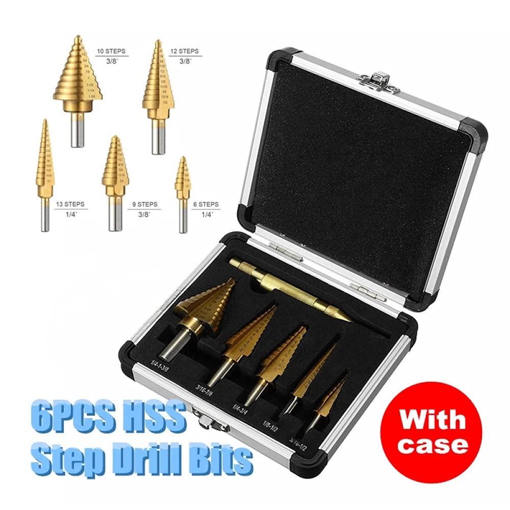 Step Drill bit Broca escalonada con Revestimiento de Titanio HSS Imperial con Juego de Brocas de punzón Central, Cortador de Agujeros for Metal, Madera, Broca cónica escalonada