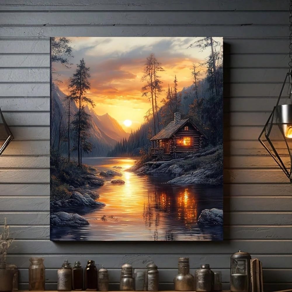 PEWFBS Rustic Creekside Cabin Sunset Canvas Wall Art For Home, Bedroom, Kitchen, Living Room, Bathroom Poster(50x70cm/Without frame)