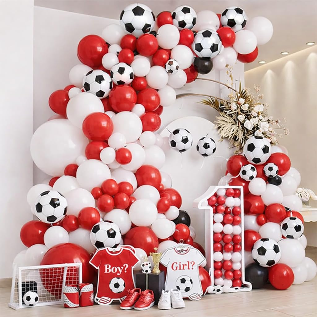 45pcs Football Balloon Arch Kit Red White & Football Print Latex Balloons with Strip & Glue Points Sports Party Decorations for Birthday Game Day World Cup Parties