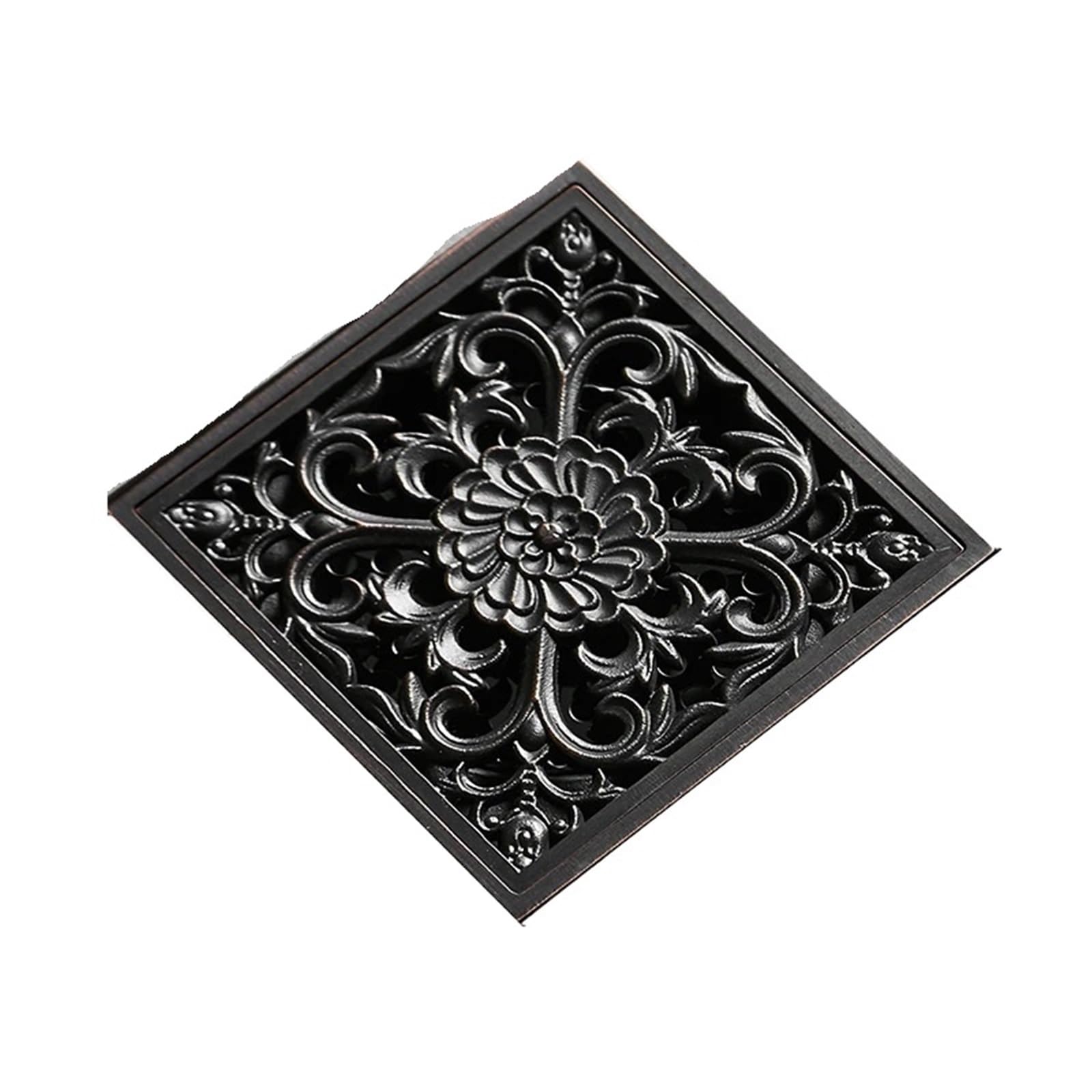 Gulley Grid Drain 10cm Square Black Brass Shower Strainer Floor Cover Art Carved Balcony Bathroom Bath Accessories Grate Waste(Black-T)