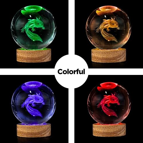 Miniatura 2 de Luz nocturna de bola de cristal de ajolote 3D, lámpara de bola de cristal k9 de 3.15 pulgadas con cambio de 16 colores, base de madera y control