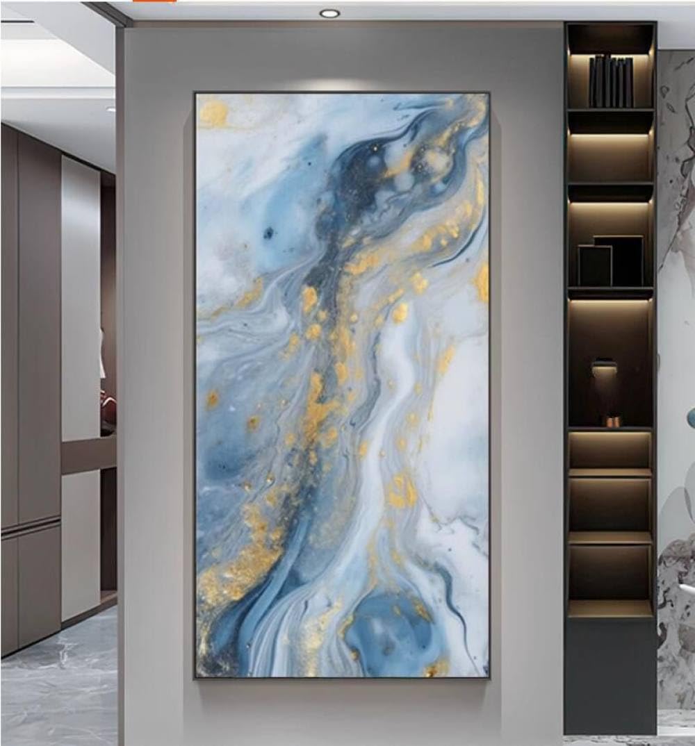 Peinture à l'huile bleue et feuille d'or art abstrait fait main sur grande toile
