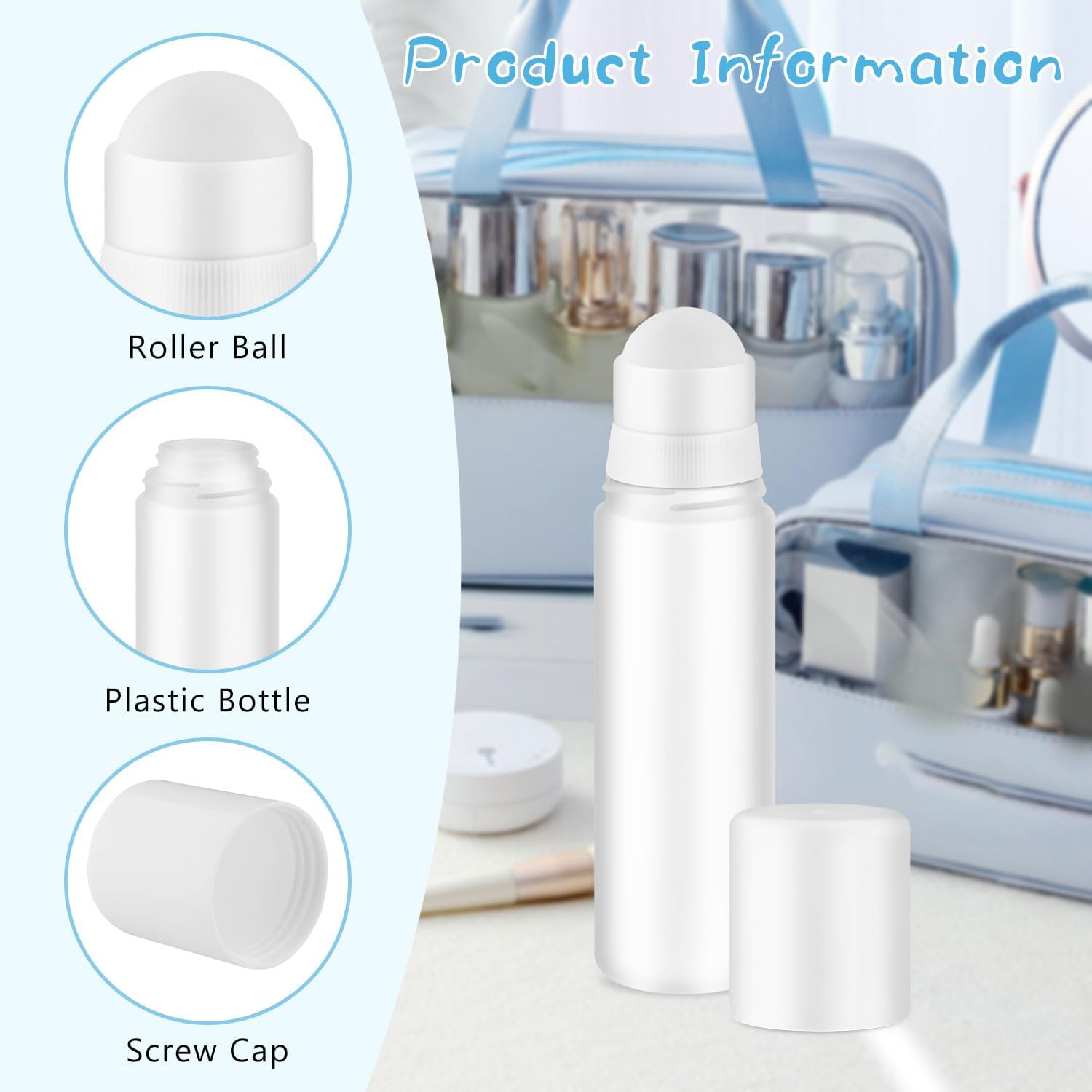 Plastic Roller Bottles 3.38oz/100ml Refillable Empty Roll On Bottle Essential Oils Containers with Plastic Roller Balls for Deodorant Liquid Cosmetic - 12 Pcs