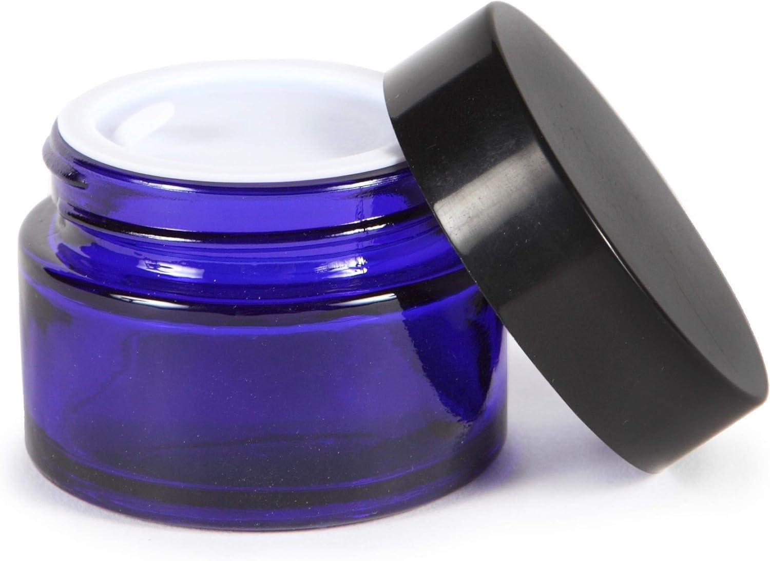 AKOAK 2 Pcs Glass Cosmetic Container Jar with Black Lid Empty Blue Glass Container with Inner Liner Refillable