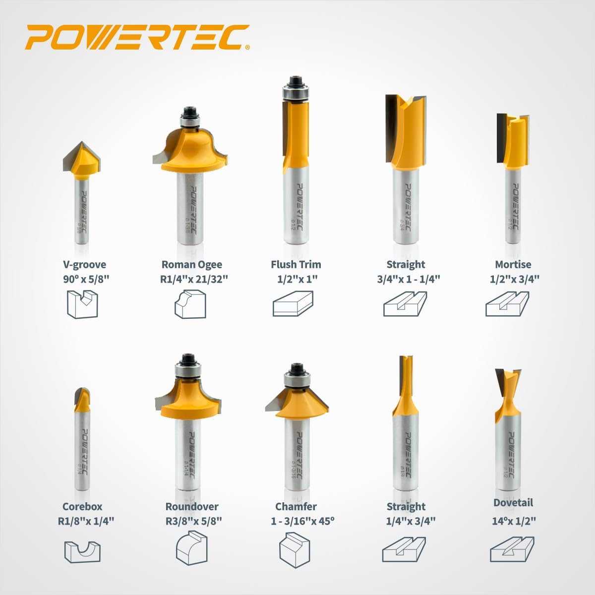 POWERTEC Carbide Tipped Router Bit Set, 10-Piece, 1/2" and 1/4" Shank Router Bits for DIY and Various Woodworking Projects. Includes Flush Trim, Roundover, Dovetail, V-Groove and Others (73010V)