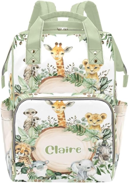 Safari Wild Jungle Animals Personalized Diaper Bag,Custom Name Diaper Backpack Mommy Nursing Bag for Baby Boy Girl Nappy Bag Lovely Gift
