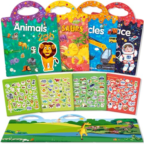 GUYUCOM 4 Pack Wiederverwendbares 3D-Stickerbuch für Kinder, Tragbar, Wasserdicht, Geeignet für Jungen und Mädchen ab 2 Jahren, Kinder Geschenk Spielzeug für 2 3 4 5 jahre