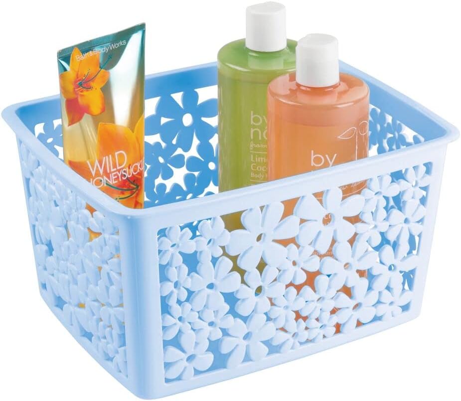 mDesign Plastic Bathroom Storage Basket Bin for Organizing Hand Soaps, Body Wash, Shampoos, Lotion, Conditioners, Hand Towels, Hair Accessories, Body Spray - Large, Floral Design, 3 Pack - Light Blue