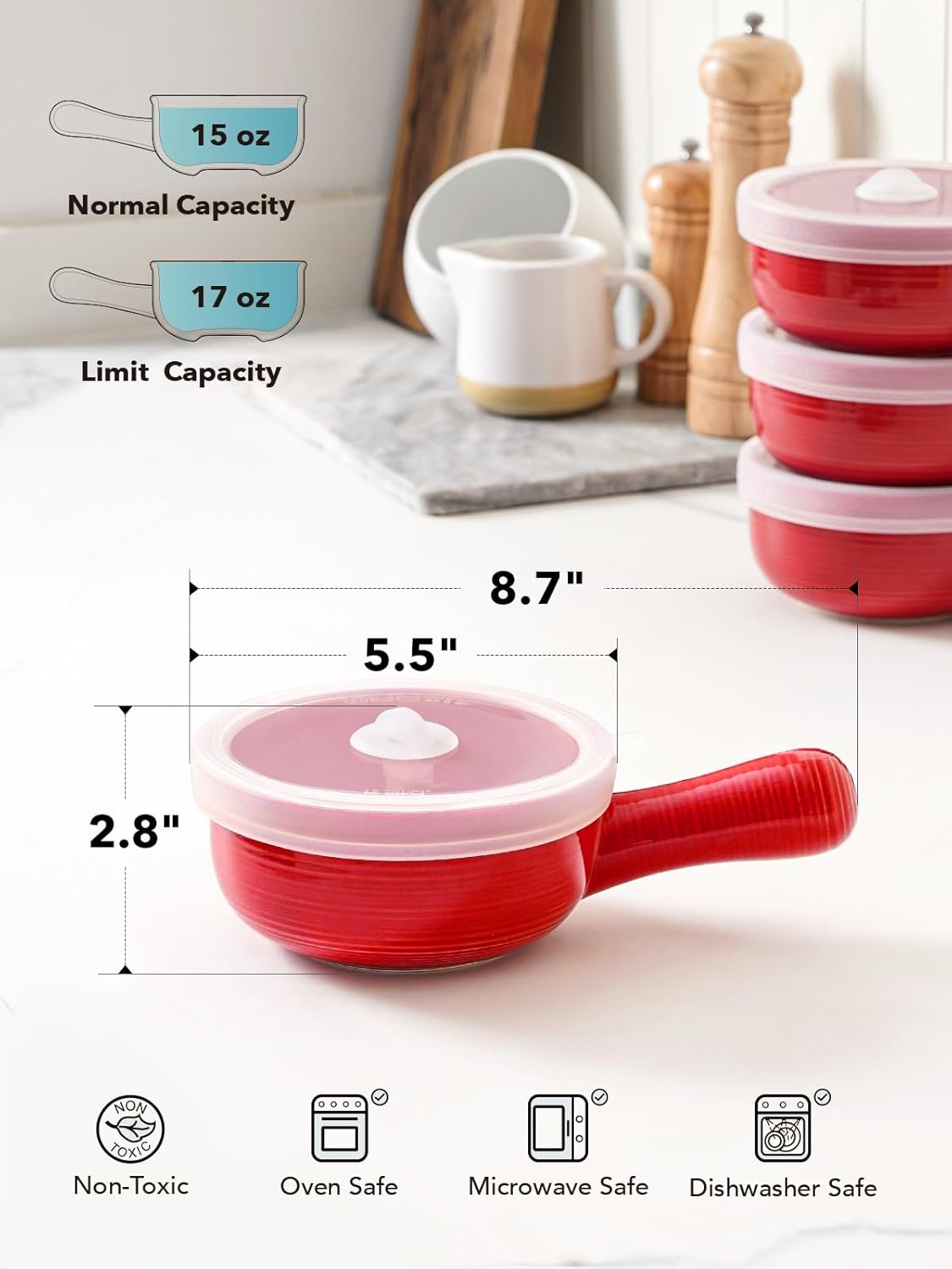 LE TAUCI Soup Bowls with Silicone Lids and Handles, 15 Oz French Onion Soup Bowls, Non-Toxic Ceramic Soup Crocks for Noodles, Stew, Cereal and Chilli, Oven Microwave Dishwasher Safe, Set of 4, Red