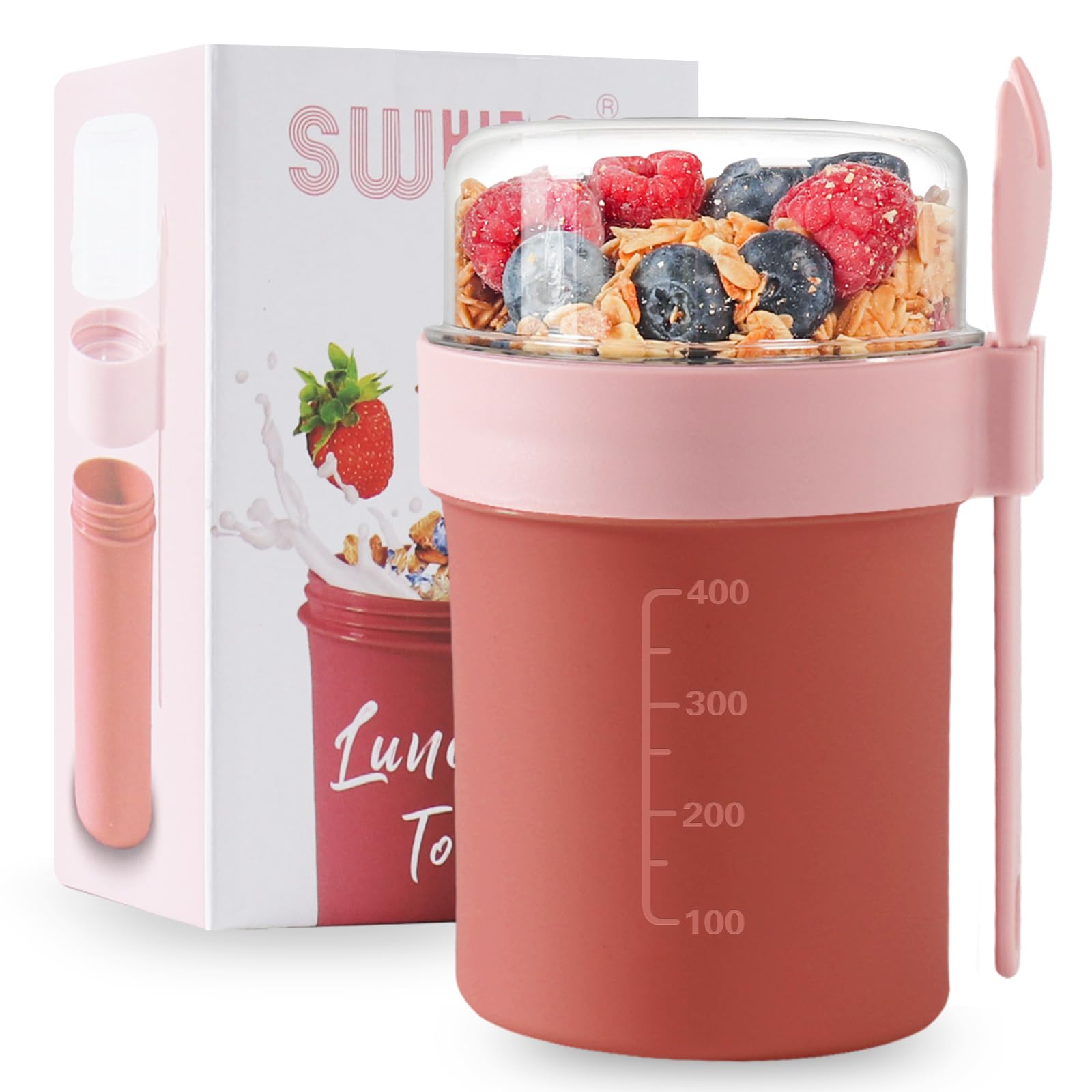 Swkien Müslibecher to go mit Löffel - Auslaufsicherer Joghurtbecher to go mit Unterteilung (560ml + 220ml) - Spülmaschinengeeignet & BPA-Frei - für Büro, Fitness, Schule, Reise - Vivid Mauve