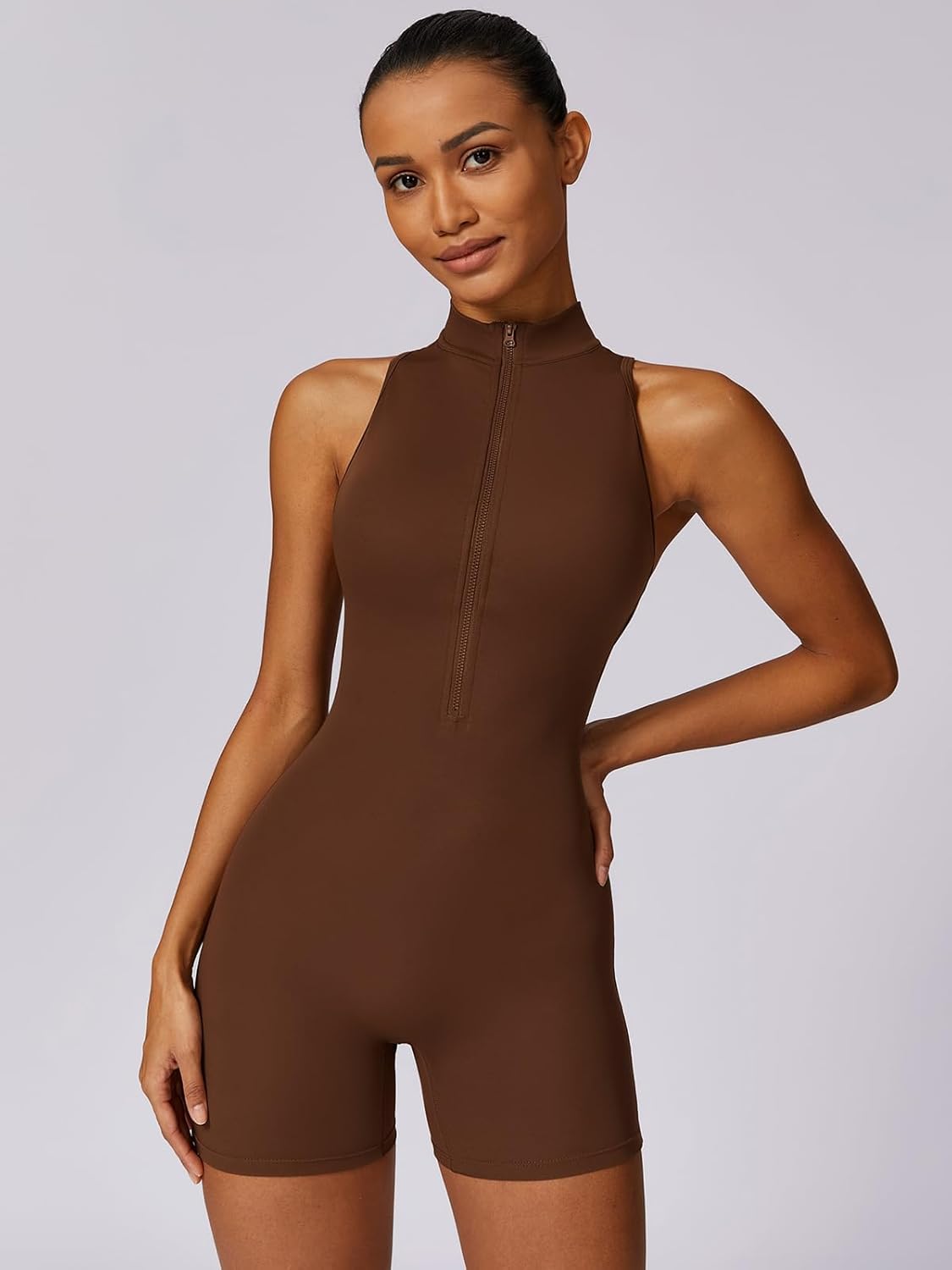 ECUPPER Women Backless Workout Jumpsuits One Piece Sleeveless Gym Rompers Zip Up Tummy Control Scrunch Shorts Yoga Bodysuit Coffee XL - Image 6