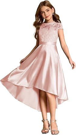 Lace Satin High Low Junior Bridesmaid Dresses with Cap Sleeve, Flower Girl Dress Formal Gown for Teens