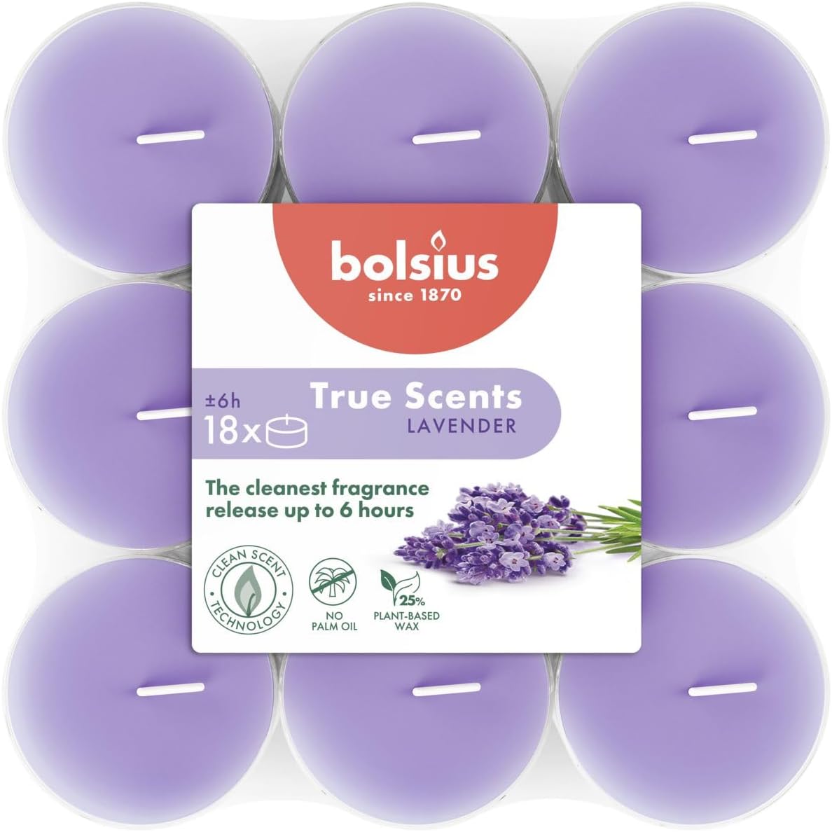 Bolsius - Scented Tea Lights - Lavender - Blue-Purple - Pack of 108 - Transparent Case - Natural Extracts - Contains Vegan Wax - No Palm Oil