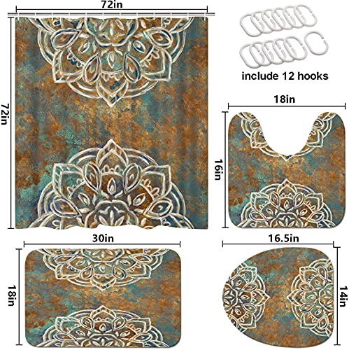 Duobaorom 4 Pieces Set Mandala Flower Shower Curtain Set Vintage Boho Floral Picture Print On Non-Slip Rugs Toilet Lid Cover Bath Mat And Bathroom Curtain With 12 Hooks 72X72Inch #TOP5