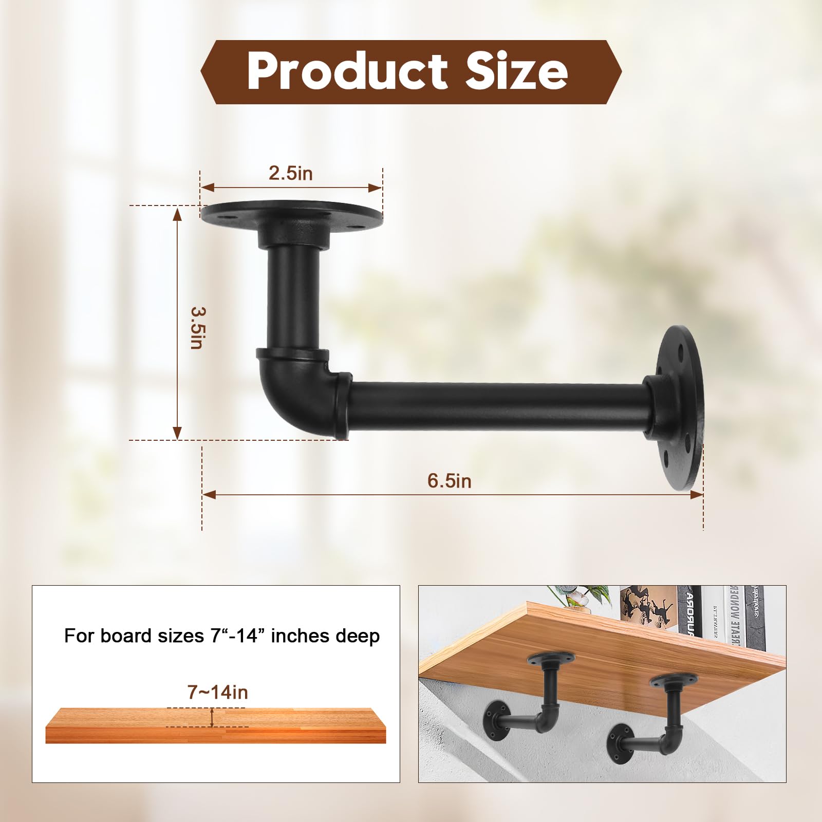 Storystore Industrielle Rohr-Regalhalterungen, Eisen, L-förmige Regalhalterungen für 17,8–35,6 cm große Bretter, robuste Metallregalhalterung, schwarze DIY-Rohrregale (16,5 x 8,9 cm)