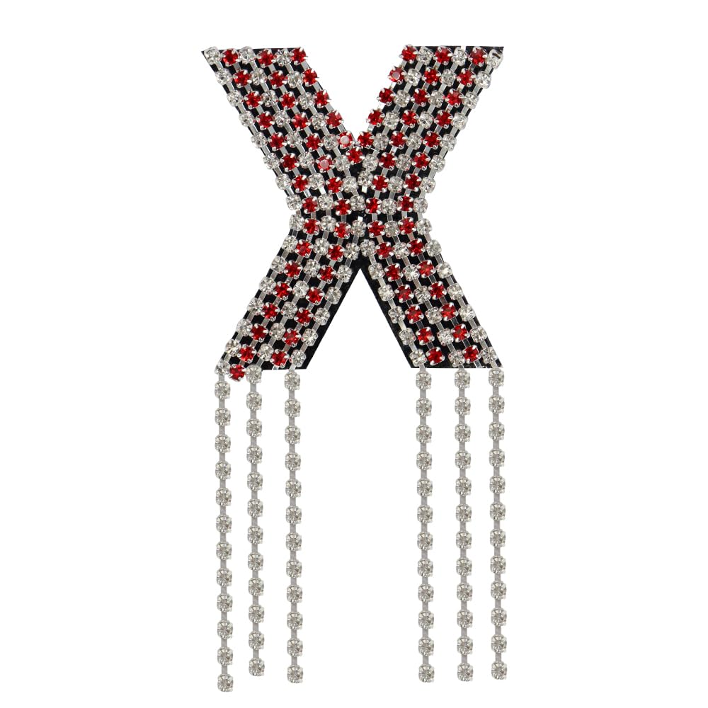 Rhinestone Sew On Patch A-Z Crystal Bead Rhinestone Letter Patch Fringe Alphabet Applique English Letter for DIY Craft Supplies 2pieces (Red X 2pieces)