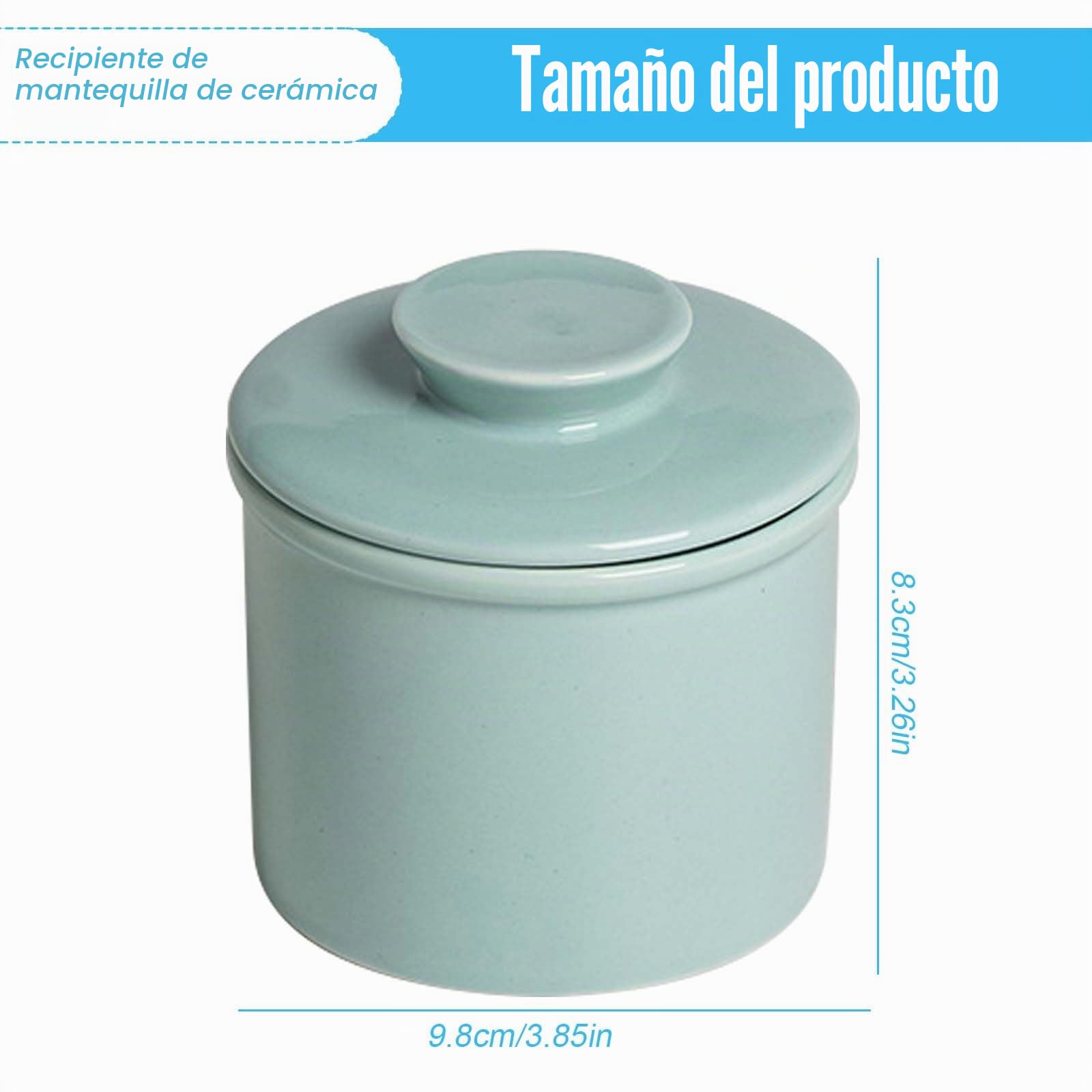 Mantequera francesa de cerámica con tapa redonda, enfriada por agua con línea de flotación, campana de mantequilla, campana de cerámica para mantequilla untable, azul claro