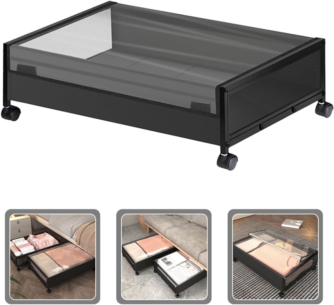 Under Bed Storage Organizer with Wheels Multifunctional Storage Box for Clothes Books Space-saving Rolling Container for Dorm Nursery Laundry Bathroom Black Transparent Cover