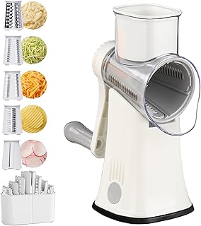 Rotary Cheese Grater: 5 in 1 Cheese Grater with Handle Vegetable Slicer with 5 Interchangeable Blades, Storage Box, Green Cheese Shredder with Strong Suction Base for Kitchen (White)
