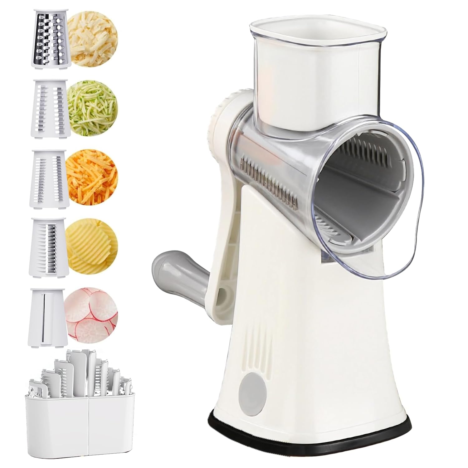 Rotary Cheese Grater 5 in 1 Cheese Grater with Handle Vegetable Slicer with 5 Interchangeable Blades Storage Box