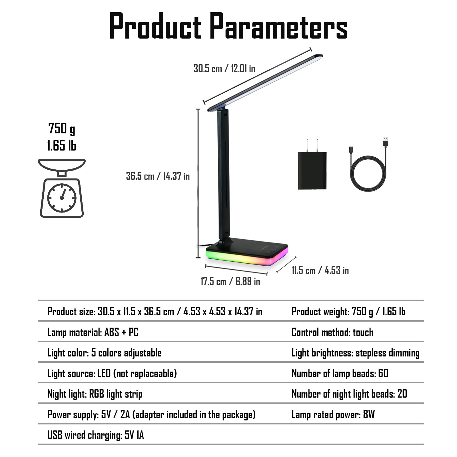 LED-Schreibtischlampe mit RGB-Atmosphärenlicht, 5 W USB-Ausgang, 5 Farbtemperatur, stufenlose Anpassung der Helligkeit, Touch-Steuerung, faltbare Tischleuchte mit Adapter (schwarz)