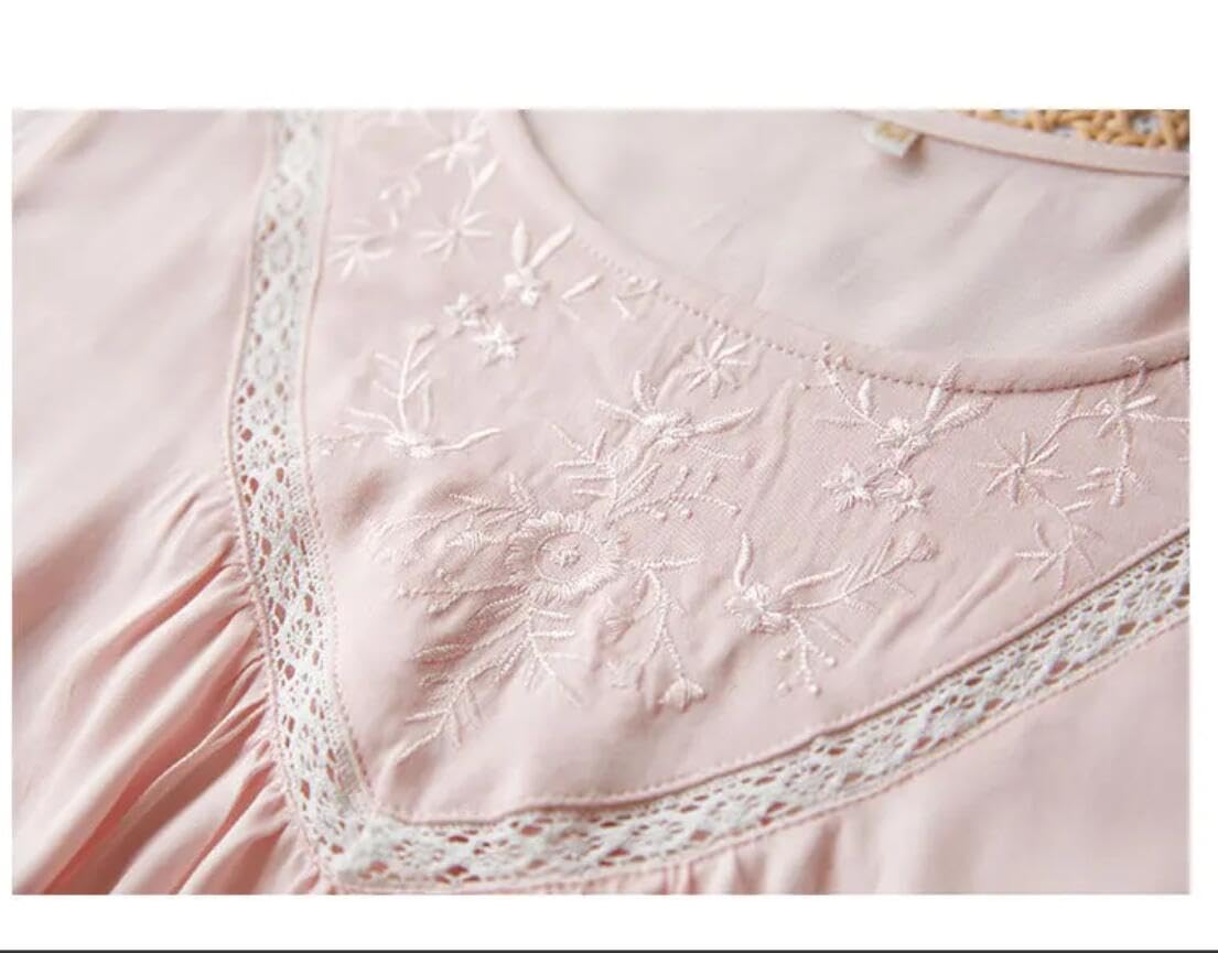 Camisón De Algodón con Escote Redondo, Manga Larga, Largo Medio Y Bordado con Encaje En Forma De Triángulo